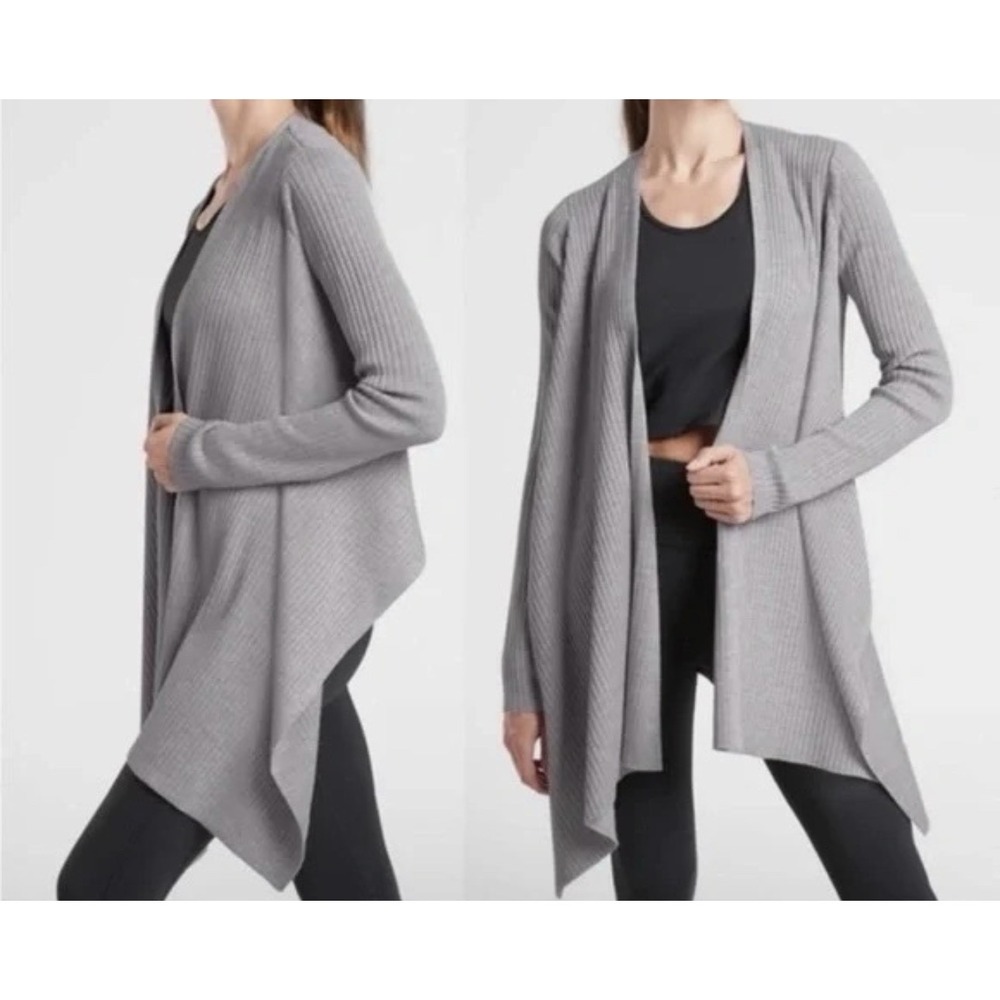 Athleta Solstice‎ Wrap Women's M Gray Merino Wool Ribbed Waterfall Cardigan